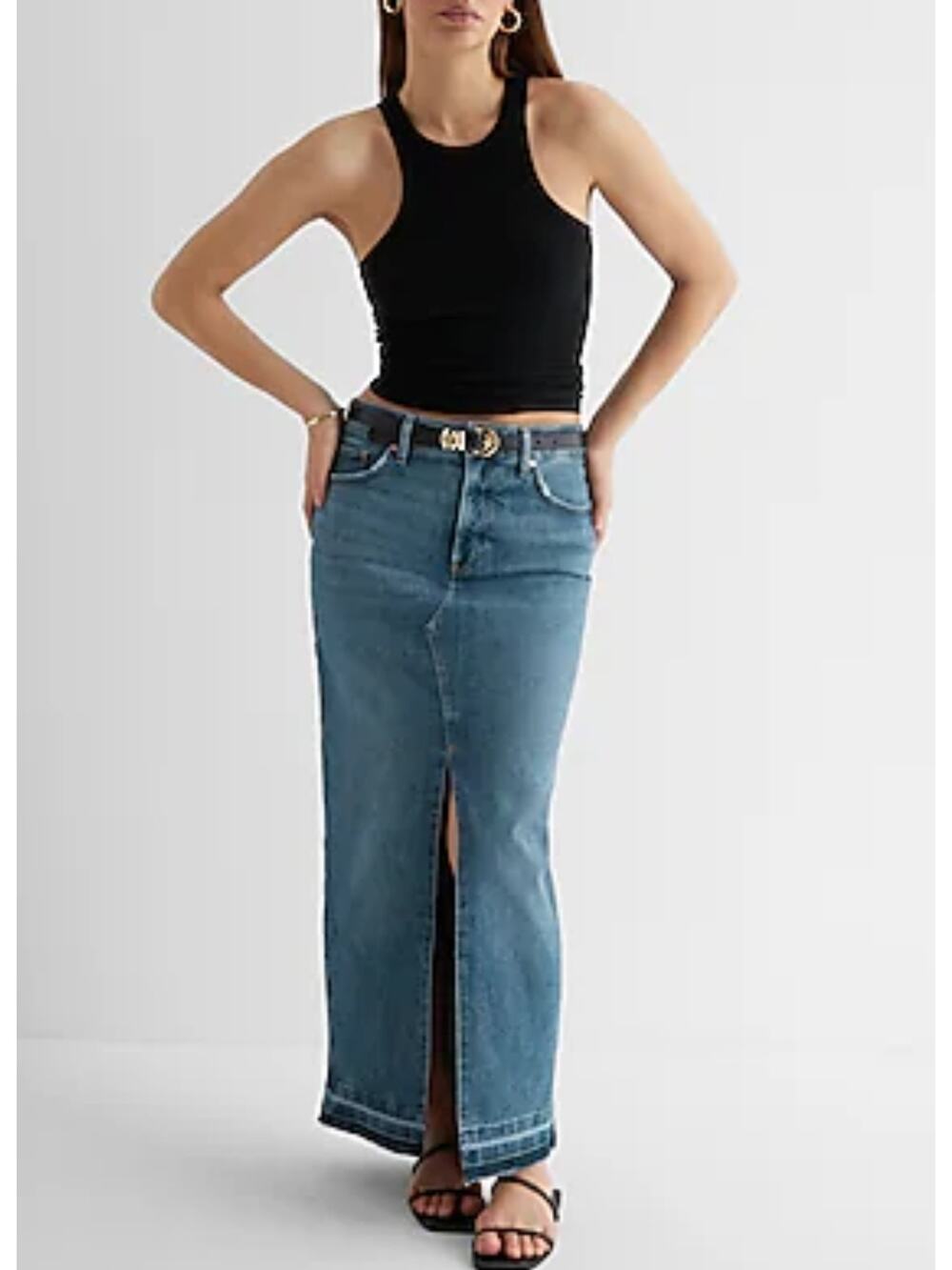 Express High Waisted Front Slit Maxi Denim Skirt